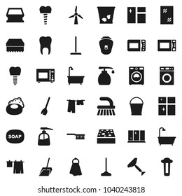 Flat vector icon set - soap vector, scraper, broom, fetlock, mop, scoop, bucket, sponge, towel, trash bin, window cleaning, bath, drying clothes, washer, liquid, shining, microwave oven, tooth