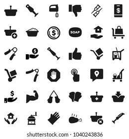 Flat vector icon set - soap vector, cleaner trolley, foam basin, rubber glove, house hold, hand mill, mixer, blender, chicken leg, dollar coin, investment, trainer, muscule, boxing, traking, cargo
