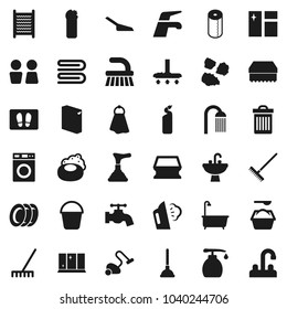 Flat vector icon set - soap vector, plunger, water tap, vacuum cleaner, fetlock, rake, scoop, bucket, sponge, towel, trash bin, window cleaning, welcome mat, steaming, bath, washer, washing powder