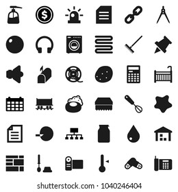 Flat vector icon set - soap vector, rake, sponge, water drop, splotch, toilet brush, liquid, towel, whisk, thermometer, jar, potato, drawing compass, calculator, paper pin, document, dollar coin