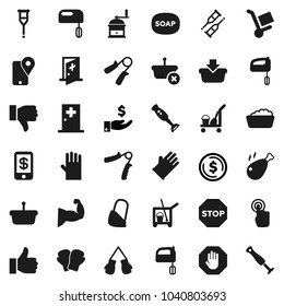 Flat vector icon set - soap vector, cleaner trolley, foam basin, rubber glove, hand mill, mixer, blender, chicken leg, dollar coin, investment, trainer, muscule, boxing, traking, touchscreen, down