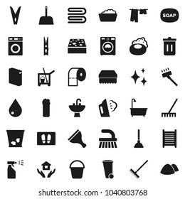Flat vector icon set - soap vector, plunger, scraper, cleaner trolley, vacuum, fetlock, rake, scoop, bucket, clothespin, sponge, towel, trash bin, water drop, shining, welcome mat, steaming, bath