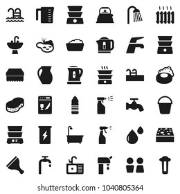 Flat vector icon set - soap vector, scraper, water tap, bucket, sponge, bath, foam basin, sprayer, shower, closet, sink, kettle, measuring cup, double boiler, jug, enegry drink, bottle, pool, pond