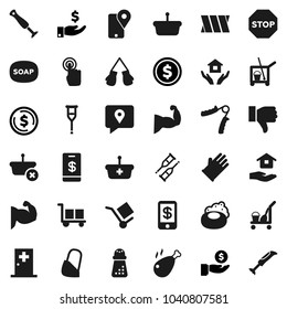 Flat vector icon set - soap vector, cleaner trolley, rubber glove, house hold, hand mill, chicken leg, dollar coin, investment, trainer, muscule, boxing, traking, cargo, touchscreen, finger down