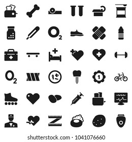 Flat vector icon set - soap vector, toaster, potato, barbell, measuring, bike, snickers, roller Skates, skateboard, medal, sports nutrition, water bottle, heart cross, bone, oxygen, doctor bag, vial