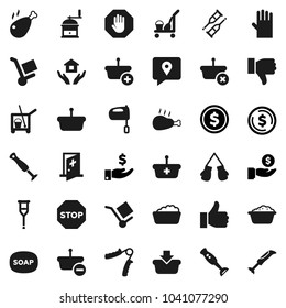 Flat vector icon set - soap vector, cleaner trolley, foam basin, rubber glove, house hold, hand mill, mixer, blender, chicken leg, dollar coin, investment, trainer, boxing, traking, cargo, finger up