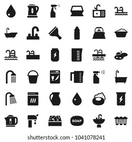 Flat vector icon set - soap vector, scraper, bucket, sponge, water drop, bath, foam basin, sprayer, shower, sink, tap, kettle, measuring cup, jug, enegry drink, bottle, pool, pond, supply, filter