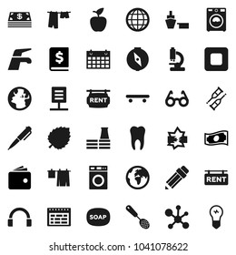 Flat vector icon set - soap vector, water tap, drying clothes, washer, skimmer, pencil, glasses, apple fruit, pen, schedule, compass, molecule, leaf, wallet, cash, annual report, skateboard, earth
