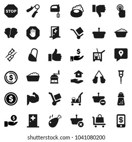 Flat vector icon set - soap vector, cleaner trolley, foam basin, house hold, hand mill, mixer, chicken leg, dollar coin, investment, trainer, muscule, boxing glove, traking, cargo, touchscreen, down