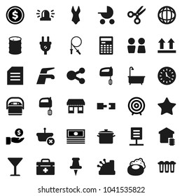 Flat vector icon set - soap vector, water tap, bath, closet, pan, mixer, calculator, scissors, world, document, dollar coin, cash, investment, target, jump rope, swimsuite, office, clock, glass