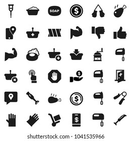 Flat vector icon set - soap vector, foam basin, rubber glove, hand mill, mixer, blender, chicken leg, dollar coin, investment, trainer, muscule, boxing, traking, touchscreen, finger up, down, stop