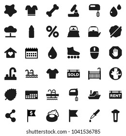 Flat vector icon set - soap vector, water drop, splotch, tap, kettle, mixer, microscope, world, flag, leaf, dollar, calendar, t shirt, roller Skates, molecule, bottle, pool, bone, ship, dropper