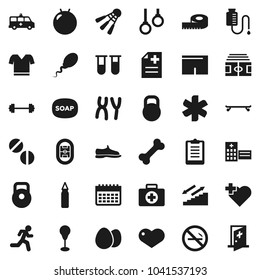 Flat vector icon set - soap vector, egg, barbell, measuring, stadium, clipboard, weight, punching bag, fitball, snickers, shorts, t shirt, skateboard, calendar, stairways run, shuttlecock, bone