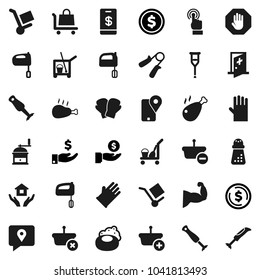 Flat vector icon set - soap vector, cleaner trolley, rubber glove, house hold, hand mill, mixer, blender, chicken leg, dollar coin, investment, trainer, muscule, boxing, traking, cargo, touchscreen