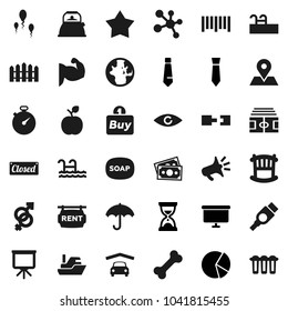 Flat vector icon set - soap vector, kettle, apple fruit, presentation, world, pie graph, sand clock, board, tie, stadium, stopwatch, muscule hand, molecule, bone, map pin, money, ship, umbrella, eye