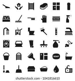 Flat vector icon set - soap vector, scraper, cleaner trolley, vacuum, fetlock, rake, scoop, bucket, clothespin, sponge, trash bin, water drop, window cleaning, welcome mat, bath, toilet, brush, sink