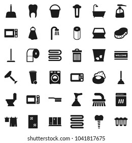 Flat vector icon set - soap vector, plunger, scraper, fetlock, mop, scoop, bucket, sponge, towel, trash bin, window cleaning, welcome mat, toilet, drying clothes, washer, liquid, shining, paper