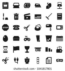 Flat vector icon set - soap vector, rake, sponge, trash bin, iron, toilet brush, plates, egg, alarm clock, document, flag, calendar, traffic light, glass, sorting, cinema clap, gamepad, rca, sand
