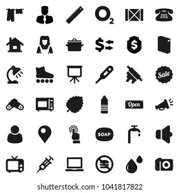 Flat vector icon set - soap vector, drying clothes, washing powder, cleaner woman, pan, rolling pin, microwave oven, ruler, table lamp, notebook pc, presentation, leaf, exchange, manager, oxygen, tv