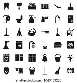Flat vector icon set - soap vector, plunger, cleaner trolley, broom, fetlock, mop, scoop, bucket, sponge, towel, window cleaning, toilet, drying clothes, washer, liquid, shining, paper, shower, bath
