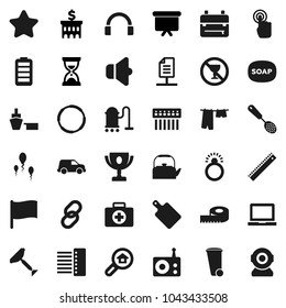 Flat vector icon set - soap vector, scraper, vacuum cleaner, trash bin, drying clothes, kettle, skimmer, cutting board, ruler, backpack, notebook pc, award cup, flag, bank building, sand clock, hoop