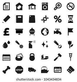 Flat vector icon set - soap vector, water tap, shining, washer, sprayer, kettle, skimmer, ladle, meat hammer, cutting board, bbq, copybook, pencil, document, flag, sand clock, presentation, calendar