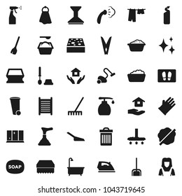 Flat vector icon set - soap vector, plunger, broom, vacuum cleaner, scoop, rake, clothespin, sponge, towel, trash bin, car fetlock, shining, splotch, welcome mat, iron, steaming, bath, toilet brush