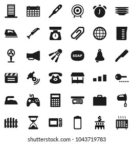 Flat vector icon set - soap vector, iron, plates, measuring cup, scales, knife, mixer, case, bell, calculator, alarm clock, bank building, target, calendar, shuttlecock, sorting, cinema clap, sand