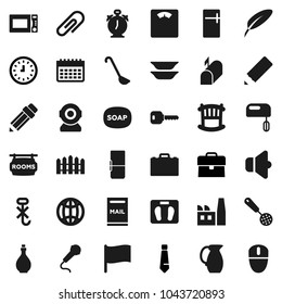 Flat vector icon set - soap vector, oil, skimmer, ladle, microwave oven, plates, jug, pen, pencil, case, alarm clock, flag, tie, scales, calendar, no hook, speaker, globe, attachment, key, mailbox