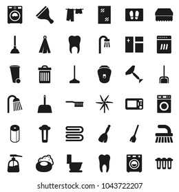 Flat vector icon set - soap vector, plunger, scraper, broom, fetlock, mop, scoop, sponge, towel, trash bin, window cleaning, welcome mat, toilet, drying clothes, washer, liquid, paper, shower, tooth