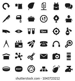 Flat vector icon set - soap vector, drying clothes, pan, cook glove, mixer, sieve, pasta, chicken leg, drawing compass, backpack, pen, scissors, leaf, target, hierarchy, molecule, shuttlecock, vial