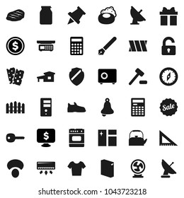 Flat vector icon set - soap vector, window cleaning, washing powder, kettle, jar, mushroom, steak, pen, corner ruler, bell, calculator, paper pin, compass, dollar coin, safe, monitor, snickers, key
