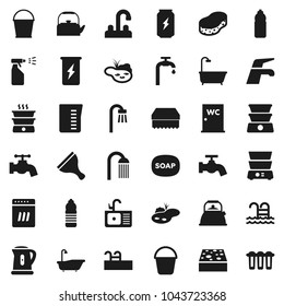 Flat vector icon set - soap vector, scraper, water tap, bucket, sponge, bath, sprayer, shower, closet, sink, kettle, measuring cup, double boiler, enegry drink, bottle, pool, pond, supply, filter