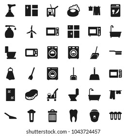 Flat vector icon set - soap vector, plunger, cleaner trolley, broom, fetlock, scoop, sponge, towel, trash bin, window cleaning, bath, toilet, drying clothes, washer, liquid, shining, microwave oven