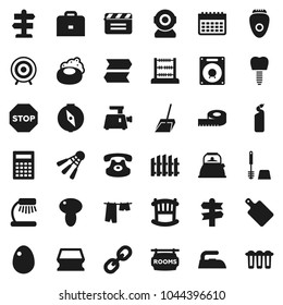 Flat vector icon set - soap vector, scoop, sponge, iron, drying clothes, toilet brush, cleaning agent, kettle, cutting board, egg, mushroom, case, table lamp, calculator, compass, abacus, measuring