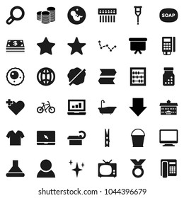 Flat vector icon set - soap vector, bucket, clothespin, shining, splotch, bath, university, abacus, constellation, laptop graph, coin stack, arrow down, presentation board, bike, medal, notebook pc