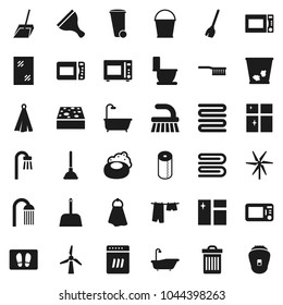 Flat vector icon set - soap vector, plunger, scraper, broom, fetlock, scoop, bucket, sponge, towel, trash bin, window cleaning, welcome mat, bath, toilet, drying clothes, shining, paper, shower