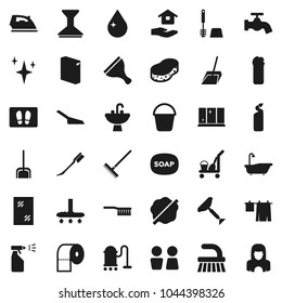 Flat vector icon set - soap vector, scraper, cleaner trolley, vacuum, fetlock, scoop, rake, bucket, sponge, water drop, tap, car, shining, window cleaning, splotch, welcome mat, iron, bath, sprayer