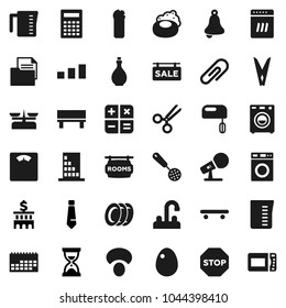 Flat vector icon set - soap vector, clothespin, washer, cleaning agent, plates, water tap, oil, measuring cup, skimmer, egg, mushroom, bell, calculator, bank building, sand clock, tie, scales, bench
