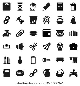 Flat vector icon set - soap vector, towel, trash bin, drying clothes, washing powder, plates, oil, jug, copybook, pencil, table lamp, wallet, case, sand clock, scales, target, shuttlecock, speaker