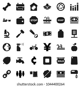 Flat vector icon set - soap vector, water tap, splotch, drying clothes, sprayer, ladle, meat hammer, cutting board, jar, backpack, apple fruit, microscope, leaf, cash, man, yen sign, cent, bike