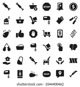 Flat vector icon set - soap vector, cleaner trolley, foam basin, rubber glove, house hold, hand mill, mixer, blender, chicken leg, dollar coin, trainer, boxing, traking, cargo, touchscreen, crutches