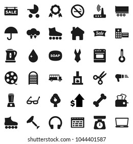 Flat vector icon set - soap vector, scraper, water drop, washboard, kettle, scales, glasses, schedule, medal, scissors, school bus, dollar growth, swimsuite, roller Skates, no smoking, bone, router