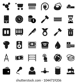 Flat vector icon set - soap vector, trash bin, water drop, meat hammer, mushroom, drawing compass, pen, molecule, wallet, coin stack, sand clock, medal, hoop, money, sea container, oil barrel, hub