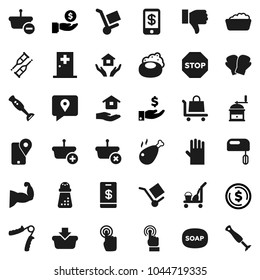 Flat vector icon set - soap vector, cleaner trolley, foam basin, rubber glove, house hold, hand mill, blender, chicken leg, dollar coin, investment, trainer, muscule, boxing, traking, cargo, stop