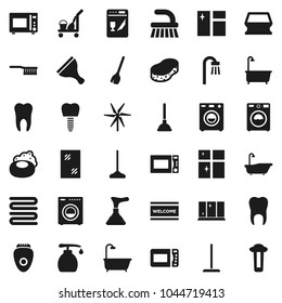 Flat vector icon set - soap vector, plunger, scraper, cleaner trolley, broom, fetlock, mop, sponge, window cleaning, welcome mat, bath, washer, liquid, shining, towel, microwave oven, tooth, implant