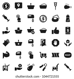 Flat vector icon set - soap vector, cleaner trolley, foam basin, rubber glove, house hold, hand mill, mixer, blender, chicken leg, dollar coin, investment, trainer, muscule, traking, cargo, crutches