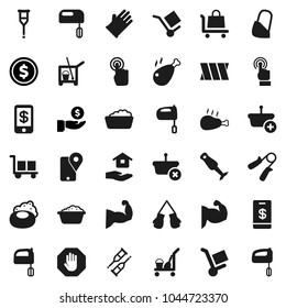 Flat vector icon set - soap vector, cleaner trolley, foam basin, rubber glove, house hold, mixer, blender, chicken leg, dollar coin, investment, hand trainer, muscule, boxing, traking, cargo, stop