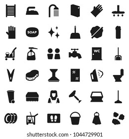 Flat vector icon set - soap vector, scraper, cleaner trolley, vacuum, mop, scoop, bucket, clothespin, sponge, towel, trash bin, water tap, car fetlock, shining, window cleaning, splotch, welcome mat