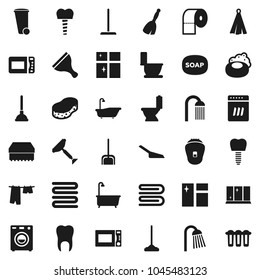 Flat vector icon set - soap vector, plunger, scraper, broom, mop, scoop, sponge, towel, trash bin, window cleaning, bath, toilet, drying clothes, shining, paper, shower, microwave oven, tooth